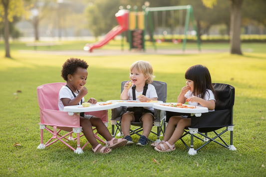 3 enfants assis sur chaises bébé pliables Sojivia – noir rose gris